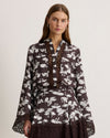 Chocolate Brielle Top with swan print and lace trim on a model